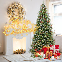 HKM-593683 8FT Artificial Christmas Tree with 600 Warm White LED Lights, Snow-Tipped Branches, Red Berries & Pine Cones