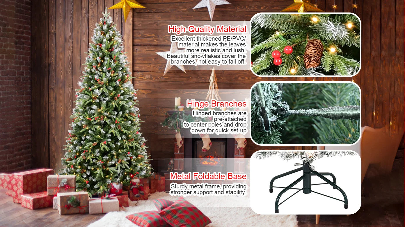 HKM-593683 8FT Artificial Christmas Tree with 600 Warm White LED Lights, Snow-Tipped Branches, Red Berries & Pine Cones