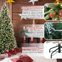 HKM-593683 8FT Artificial Christmas Tree with 600 Warm White LED Lights, Snow-Tipped Branches, Red Berries & Pine Cones