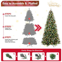 HKM-593683 8FT Artificial Christmas Tree with 600 Warm White LED Lights, Snow-Tipped Branches, Red Berries & Pine Cones
