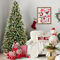 HKM-593683 8FT Artificial Christmas Tree with 600 Warm White LED Lights, Snow-Tipped Branches, Red Berries & Pine Cones