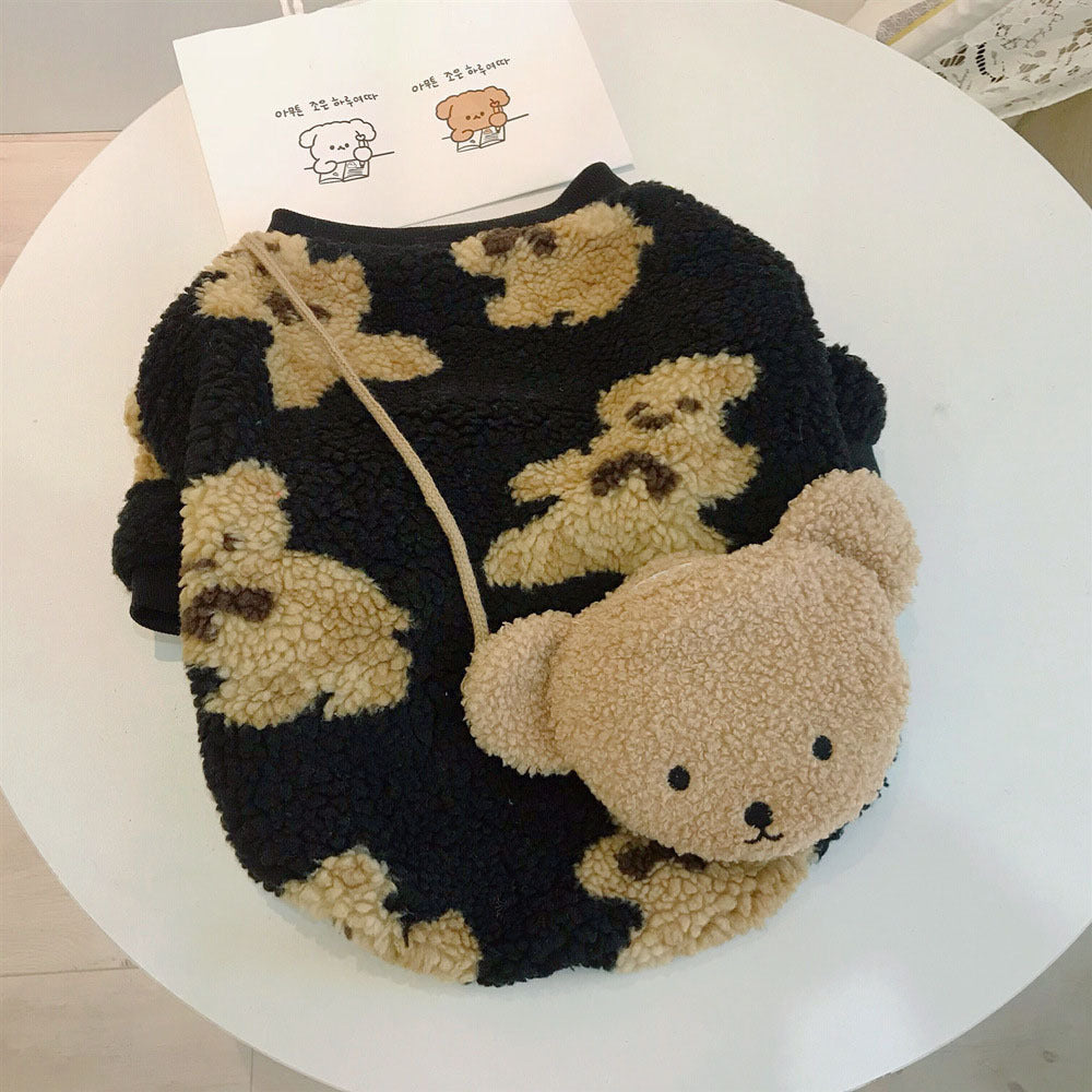 HKM-593747 Bear Plus Velvet Cotton-Padded Pet Coat for Autumn and Winter in White and Black