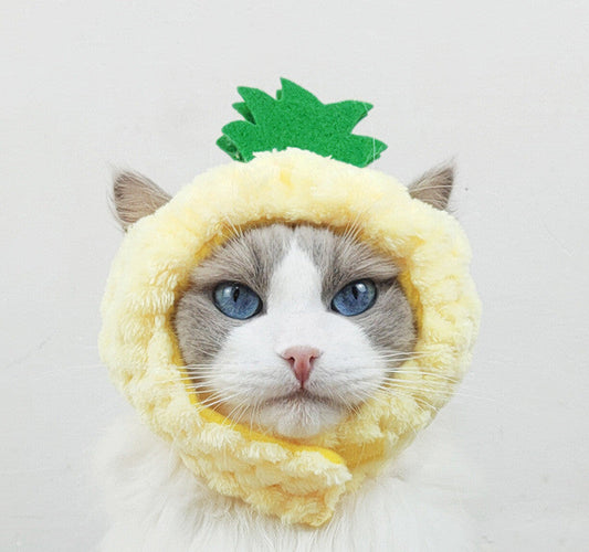 HKM-593747 Pineapple Cat Hat for Pets - Warm Puppet Headdress with Ear Holes and Velcro Fastening