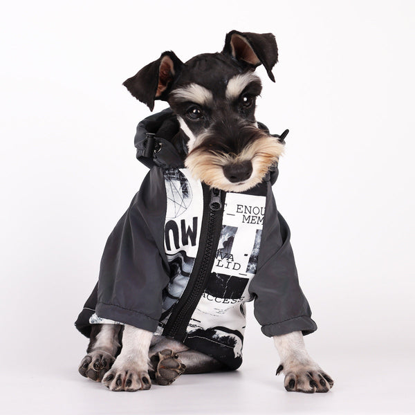 HKM-5940157 Reflective Dog Raincoat with Drawstring Hood and Colorful Sleeves, Polyester Material, Trendy Print, Available in Sizes XS-XXL
