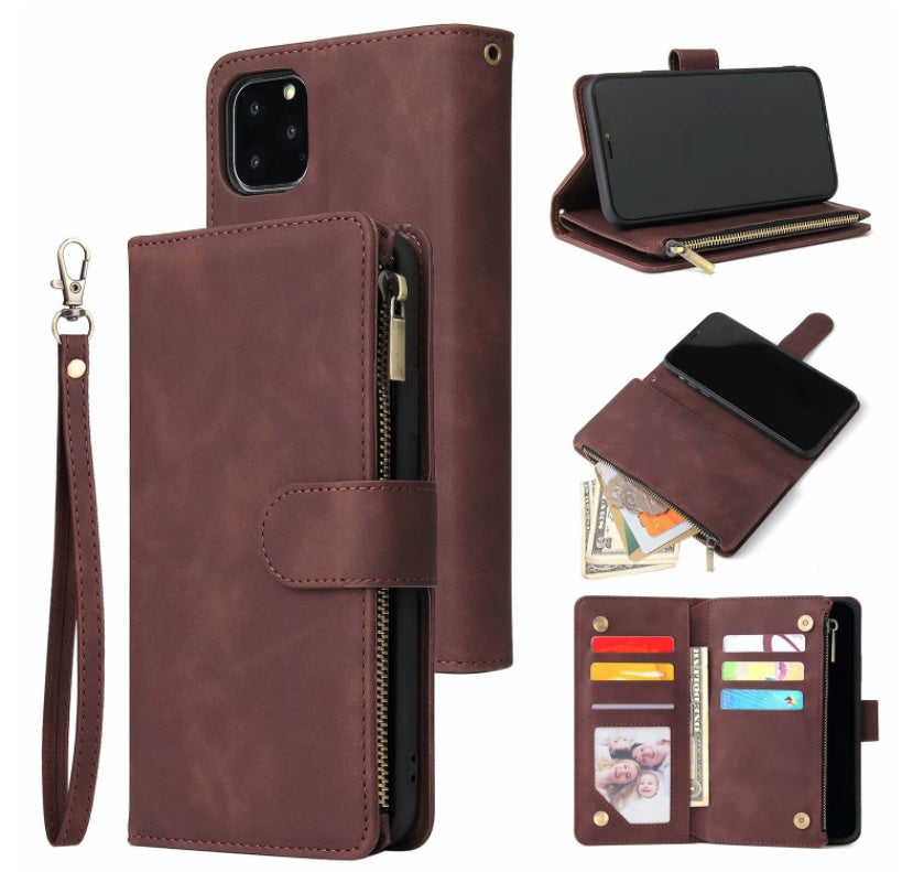 HKM-594323 iPhone 11 Pro Max Multi-Card Zipper Wallet Case - Retro Frosted Leather with Flip Style in Black, Blue, Brown, and Wine Red