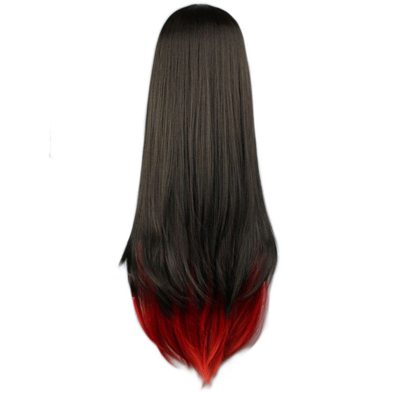 HKM-594515 Long Straight Black to Red Gradient Hair with Slanted Bangs - High Temperature Wire