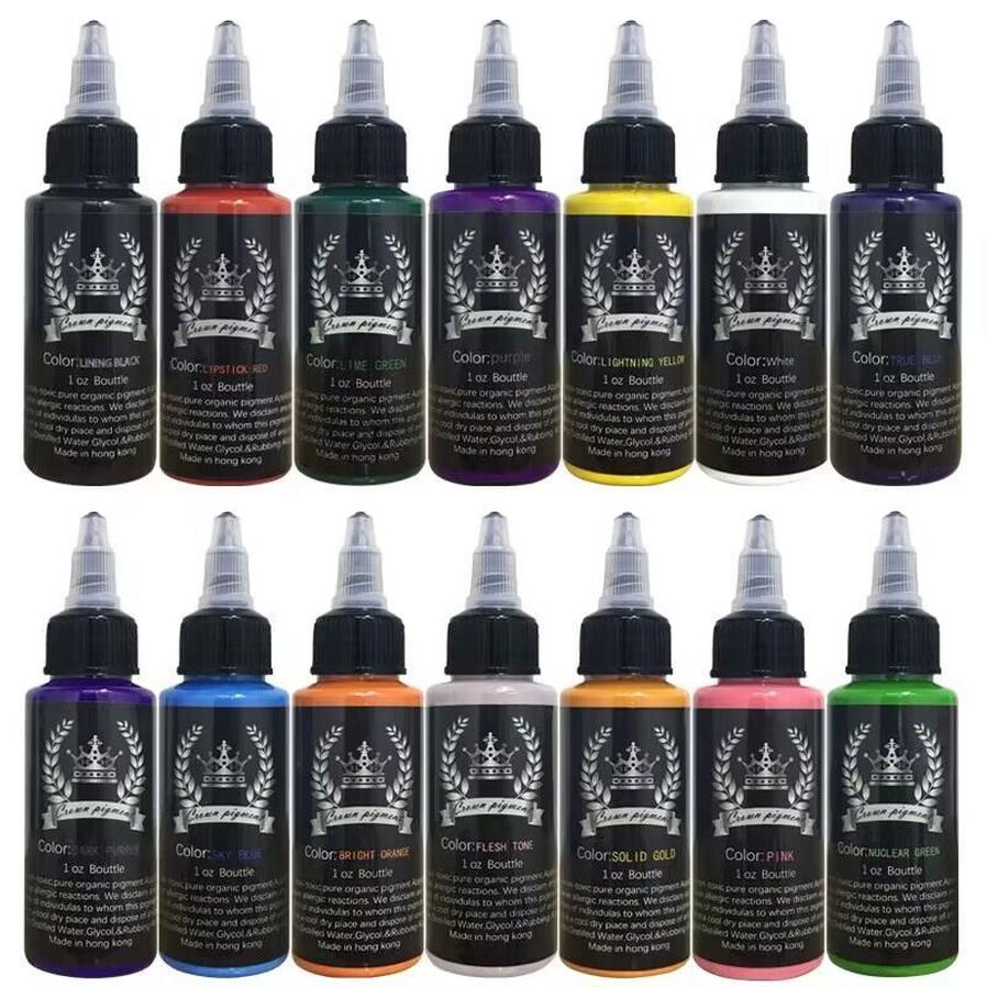 HKM-594707 Practice Pigment Tattoo Paint Set - 14 Colors of Professional Quality Tattoo Pigments in Stylish Silver Crown Design (30ml)