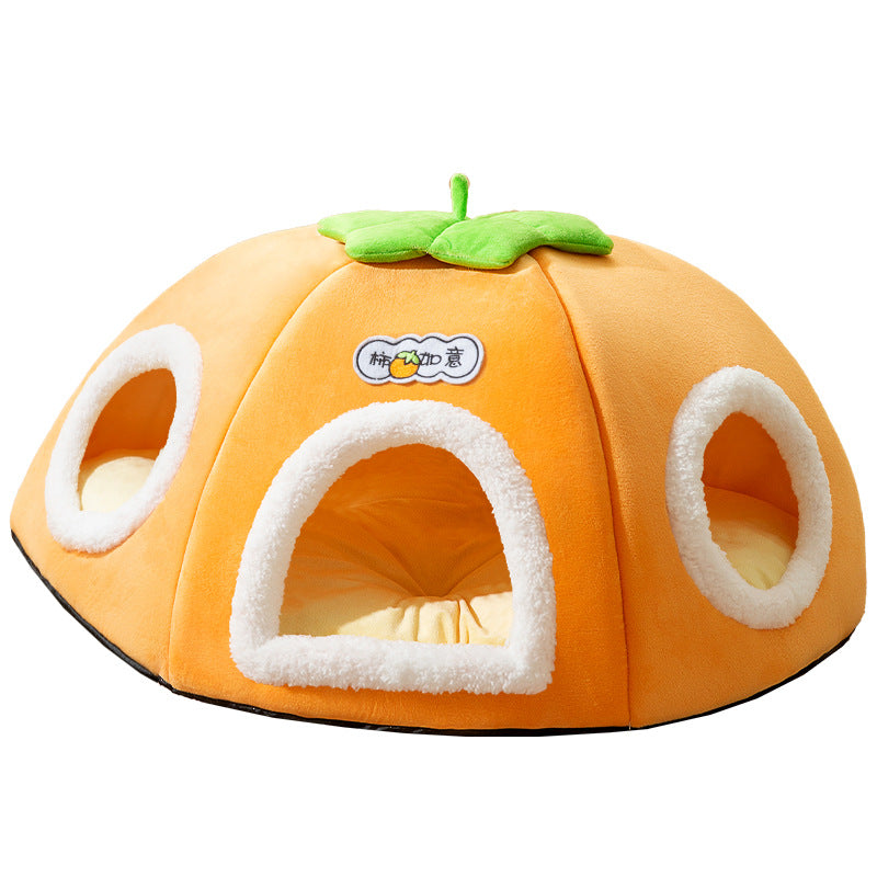 HKM-5947581 Warm Thickened Semi-Enclosed Cat Nest in Lucky Persimmon Color - Available for One to Four Cats