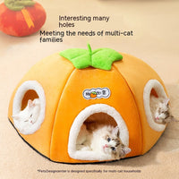 HKM-5947581 Warm Thickened Semi-Enclosed Cat Nest in Lucky Persimmon Color - Available for One to Four Cats