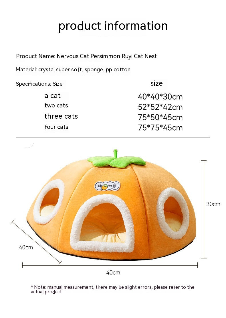 HKM-5947581 Warm Thickened Semi-Enclosed Cat Nest in Lucky Persimmon Color - Available for One to Four Cats