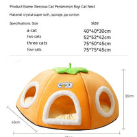 HKM-5947581 Warm Thickened Semi-Enclosed Cat Nest in Lucky Persimmon Color - Available for One to Four Cats