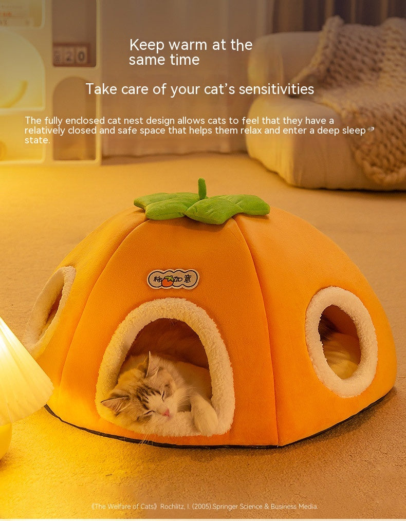 HKM-5947581 Warm Thickened Semi-Enclosed Cat Nest in Lucky Persimmon Color - Available for One to Four Cats