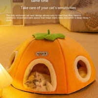 HKM-5947581 Warm Thickened Semi-Enclosed Cat Nest in Lucky Persimmon Color - Available for One to Four Cats