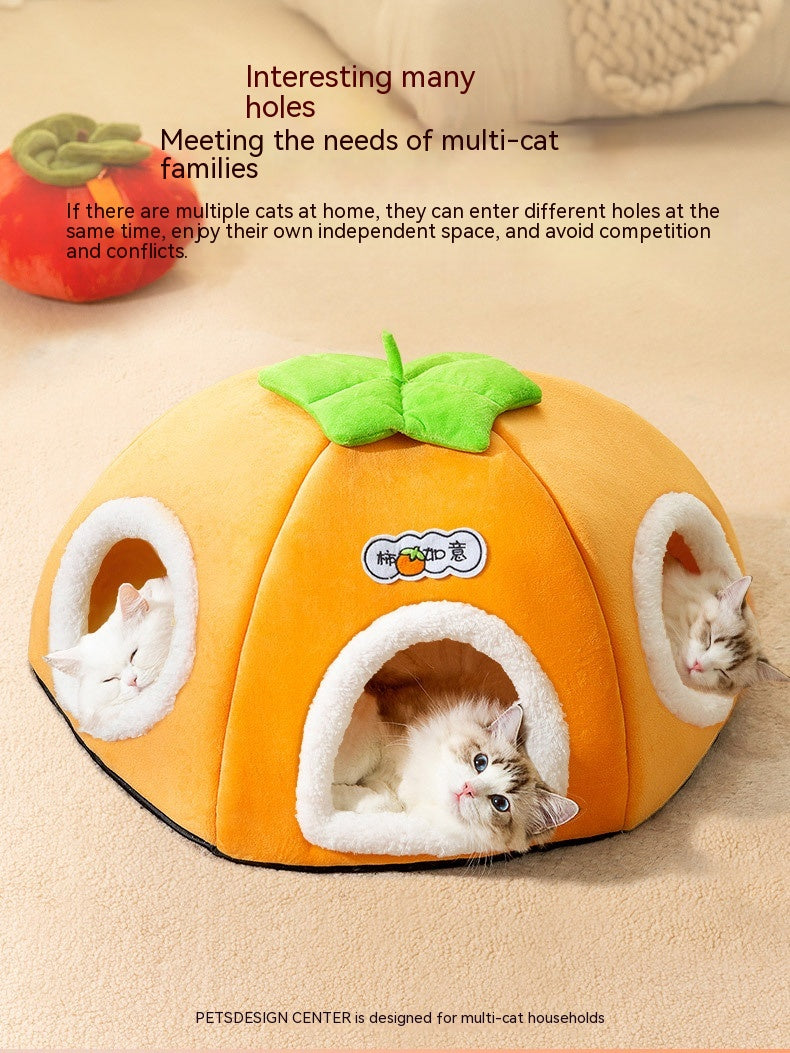 HKM-5947581 Warm Thickened Semi-Enclosed Cat Nest in Lucky Persimmon Color - Available for One to Four Cats