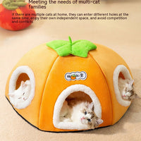 HKM-5947581 Warm Thickened Semi-Enclosed Cat Nest in Lucky Persimmon Color - Available for One to Four Cats