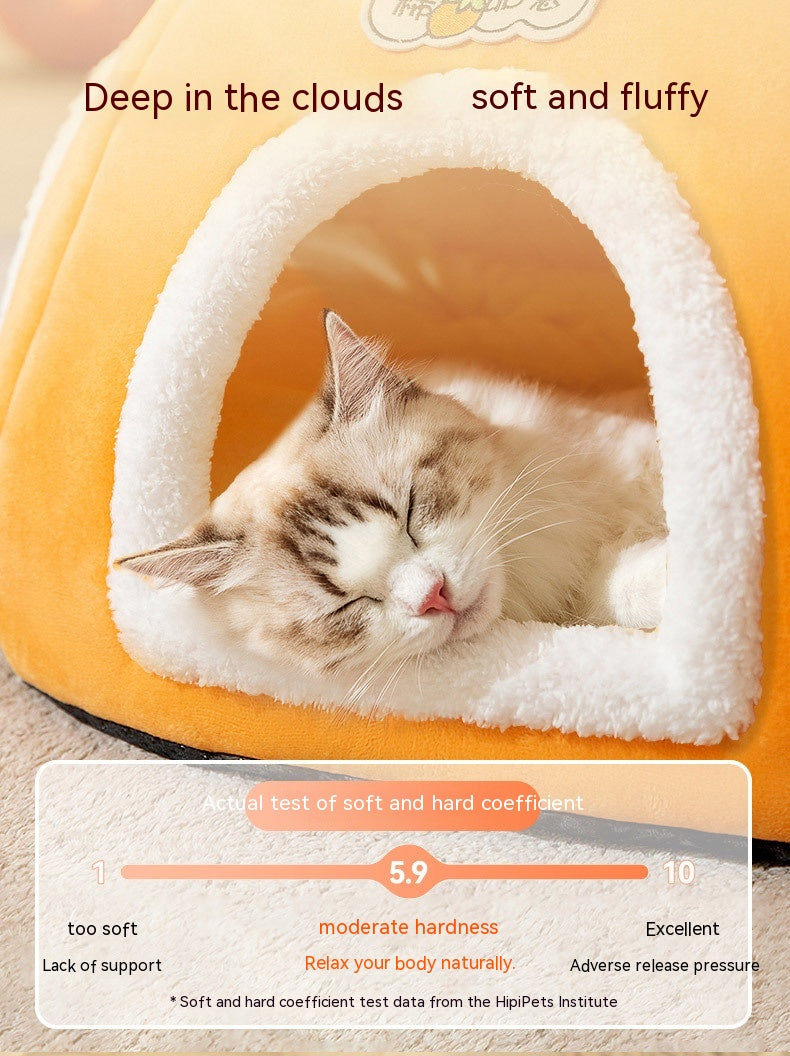 HKM-5947581 Warm Thickened Semi-Enclosed Cat Nest in Lucky Persimmon Color - Available for One to Four Cats