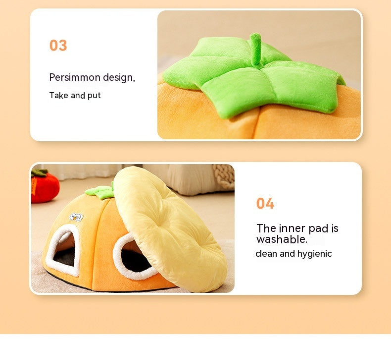 HKM-5947581 Warm Thickened Semi-Enclosed Cat Nest in Lucky Persimmon Color - Available for One to Four Cats