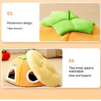 HKM-5947581 Warm Thickened Semi-Enclosed Cat Nest in Lucky Persimmon Color - Available for One to Four Cats