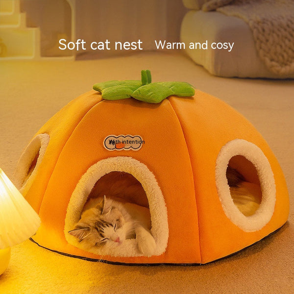 HKM-5947581 Warm Thickened Semi-Enclosed Cat Nest in Lucky Persimmon Color - Available for One to Four Cats