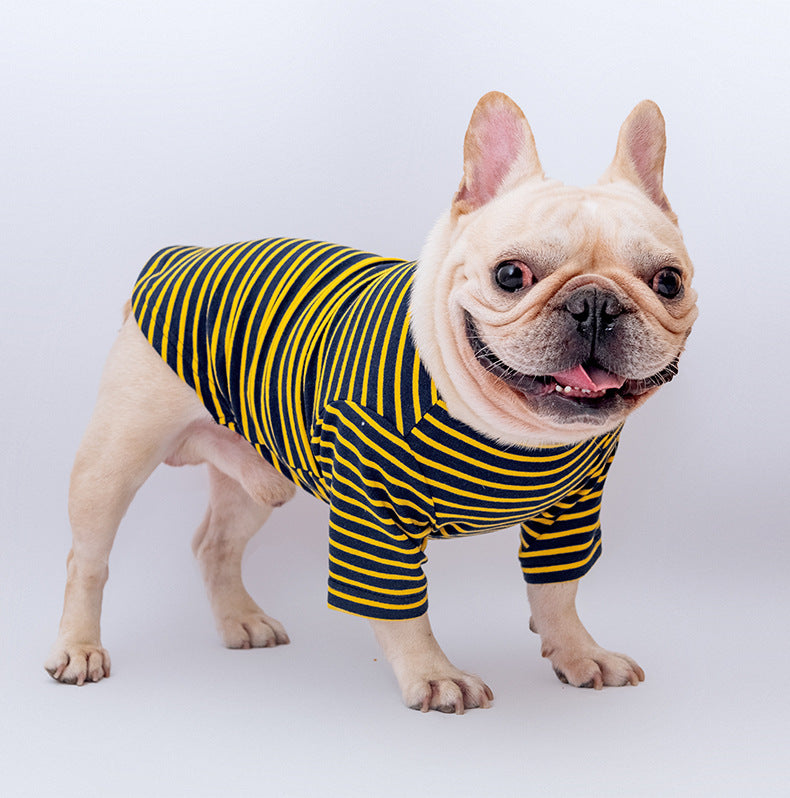 HKM-5948093 Cotton Stretch Dog Pajamas - Blue Striped, Yellow Floral Bow Tie, Multiple Sizes Available
