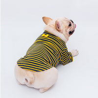 HKM-5948093 Cotton Stretch Dog Pajamas - Blue Striped, Yellow Floral Bow Tie, Multiple Sizes Available