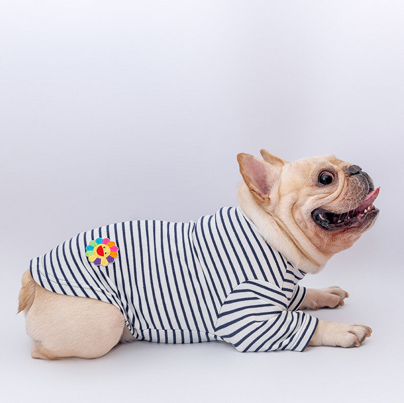 HKM-5948093 Cotton Stretch Dog Pajamas - Blue Striped, Yellow Floral Bow Tie, Multiple Sizes Available