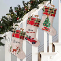 HKM-594835 Linen Christmas Stockings Set of 3 in Red and Green - 25x18cm Cloth Holiday Decor