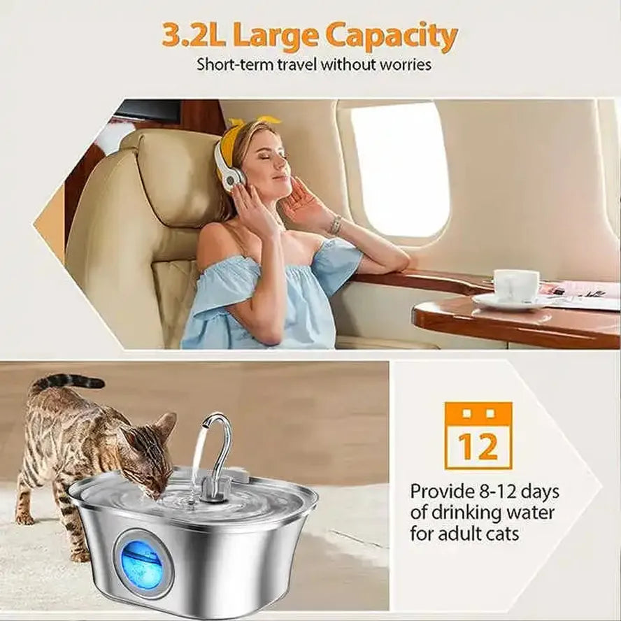 HKM-594835 Stainless Steel Cat Water Fountain with Water Level Window, 3.2L Capacity, Boat-Shaped Design