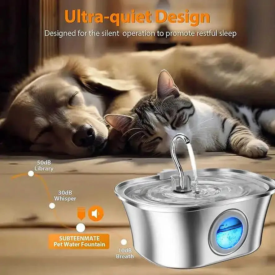 HKM-594835 Stainless Steel Cat Water Fountain with Water Level Window, 3.2L Capacity, Boat-Shaped Design