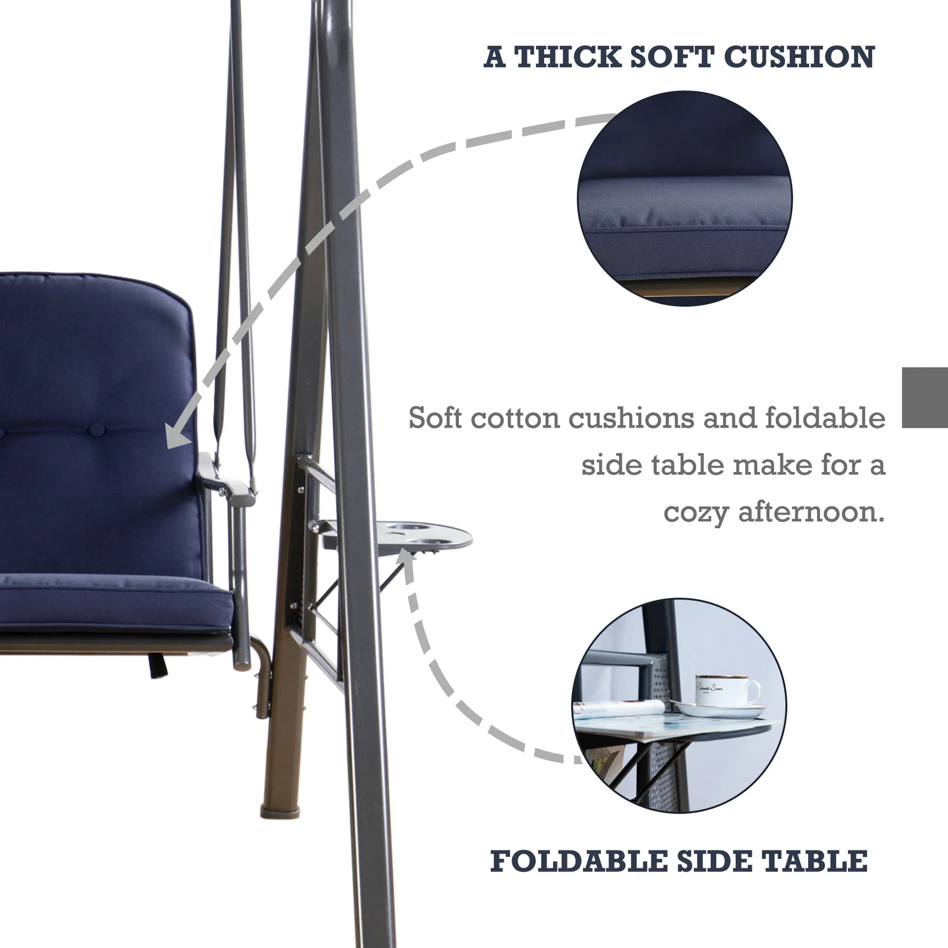 HKM-595091 Modern Hanging Swing Chair with Cushion and Iron Stand for Outdoor Spaces