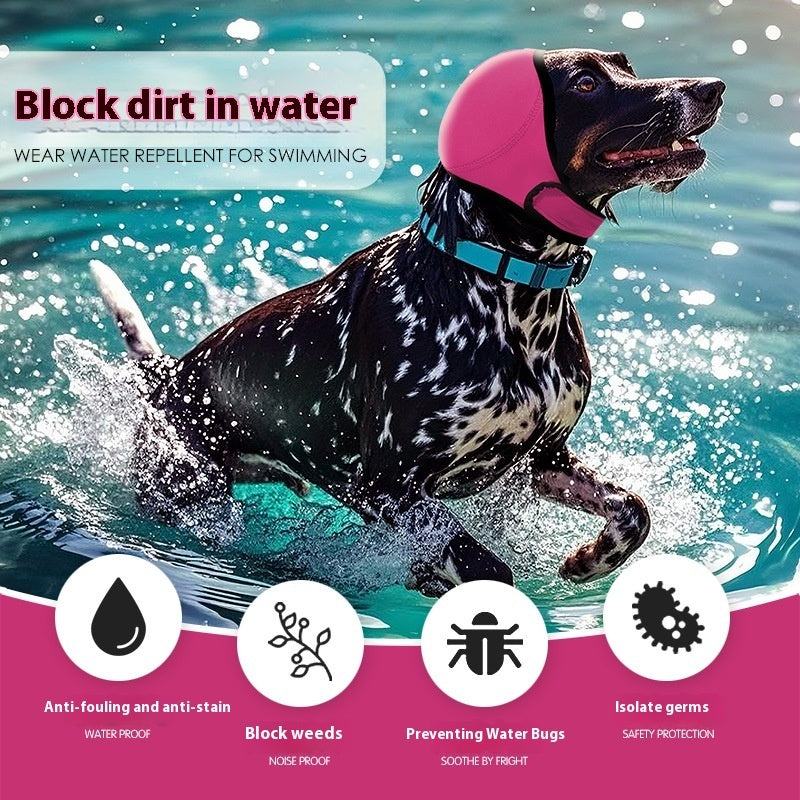 HKM-5952061 Waterproof Dog Head Cover with Earmuffs for Summer Swimming and Protection, Available in Gray and Rose Red