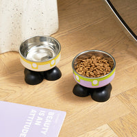 HKM-5953469 Anti-Tumble Cat Bowl with Neck Protection - Stainless Steel High Platform and Popcorn Design Options