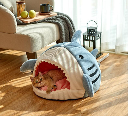 HKM-5957309 Cozy Shark-Shaped Pet Nest in Crystal Velvet for Winter Warmth