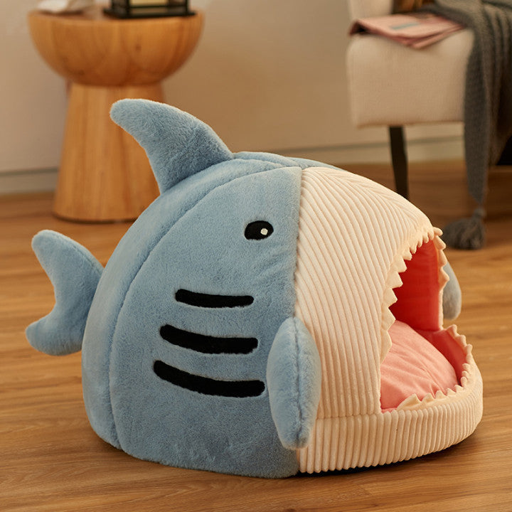 HKM-5957309 Cozy Shark-Shaped Pet Nest in Crystal Velvet for Winter Warmth
