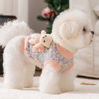 HKM-5957821 Teddy Bear Pocket Sweater for Small and Medium Dogs and Cats, Cozy Knit Pullover with Floral Yarn Design