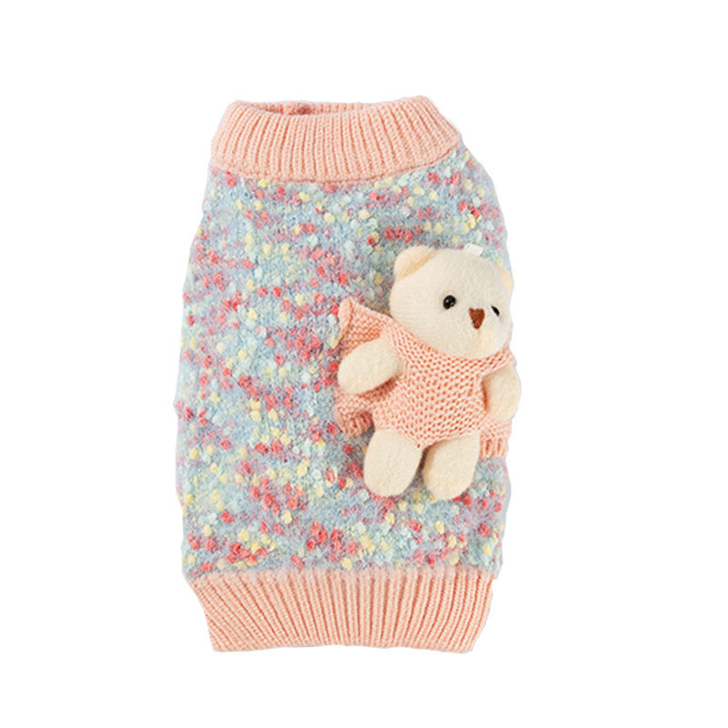 HKM-5957821 Teddy Bear Pocket Sweater for Small and Medium Dogs and Cats, Cozy Knit Pullover with Floral Yarn Design