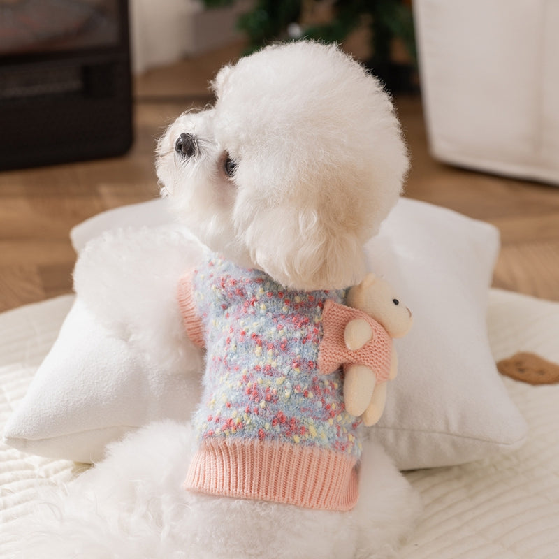 HKM-5957821 Teddy Bear Pocket Sweater for Small and Medium Dogs and Cats, Cozy Knit Pullover with Floral Yarn Design
