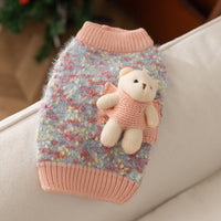 HKM-5957821 Teddy Bear Pocket Sweater for Small and Medium Dogs and Cats, Cozy Knit Pullover with Floral Yarn Design