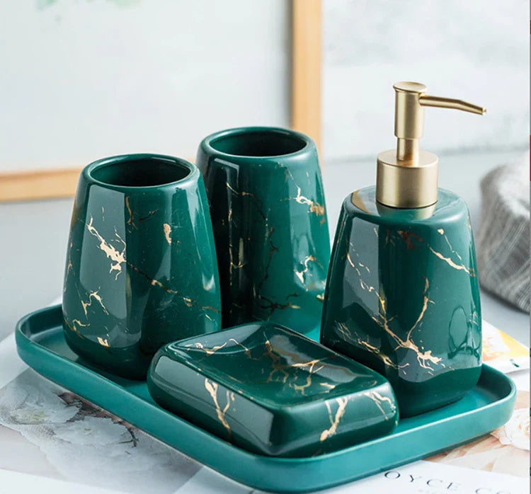HKM-595795 Nordic Glossed Ceramic Bathroom Accessories Set in White and Gold Marble Design