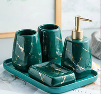 HKM-595795 Nordic Glossed Ceramic Bathroom Accessories Set in White and Gold Marble Design