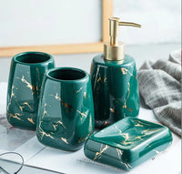 HKM-595795 Nordic Glossed Ceramic Bathroom Accessories Set in White and Gold Marble Design