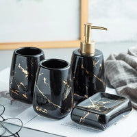 HKM-595795 Nordic Glossed Ceramic Bathroom Accessories Set in White and Gold Marble Design