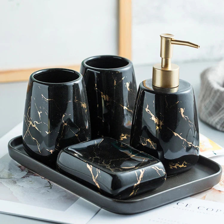 HKM-595795 Nordic Glossed Ceramic Bathroom Accessories Set in White and Gold Marble Design