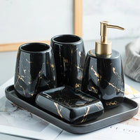 HKM-595795 Nordic Glossed Ceramic Bathroom Accessories Set in White and Gold Marble Design