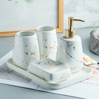 HKM-595795 Nordic Glossed Ceramic Bathroom Accessories Set in White and Gold Marble Design