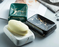 HKM-595795 Nordic Glossed Ceramic Bathroom Accessories Set in White and Gold Marble Design
