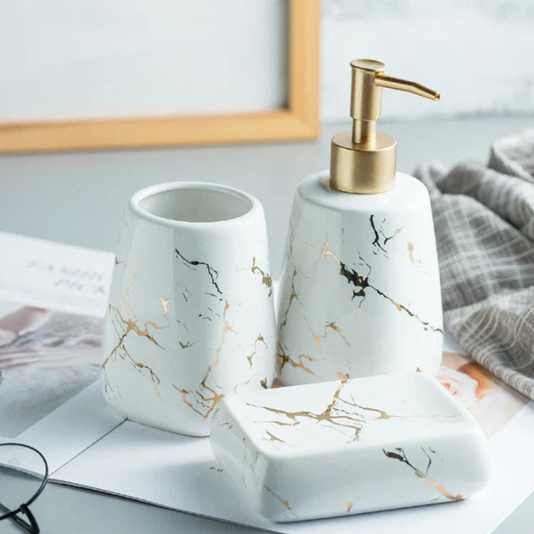 HKM-595795 Nordic Glossed Ceramic Bathroom Accessories Set in White and Gold Marble Design