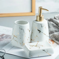 HKM-595795 Nordic Glossed Ceramic Bathroom Accessories Set in White and Gold Marble Design