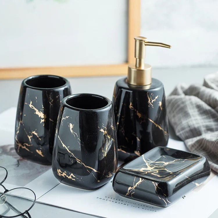 HKM-595795 Nordic Glossed Ceramic Bathroom Accessories Set in White and Gold Marble Design