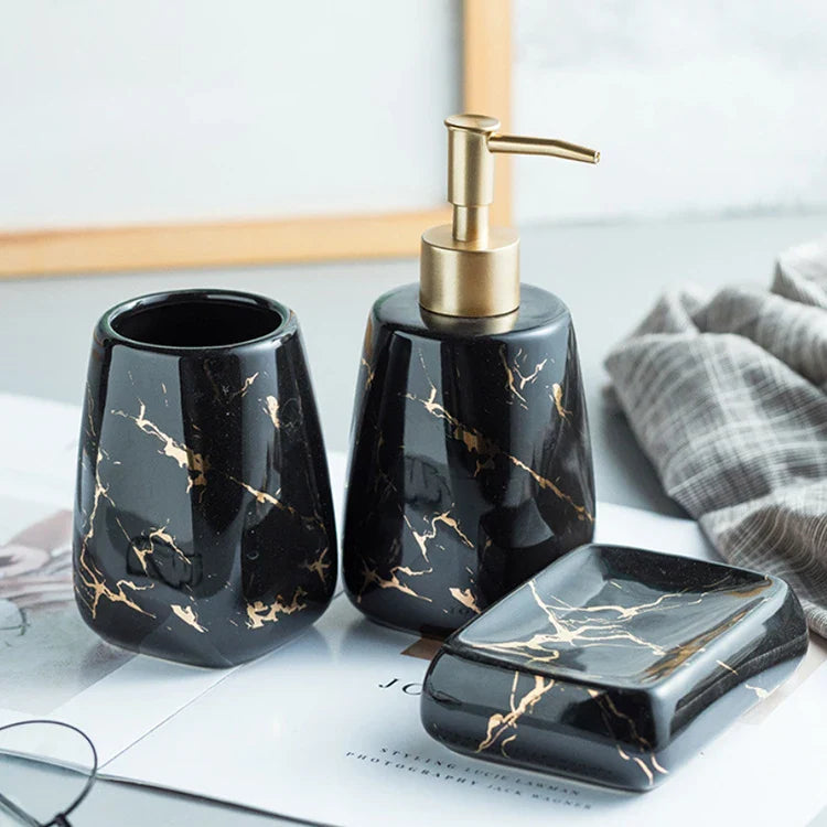 HKM-595795 Nordic Glossed Ceramic Bathroom Accessories Set in White and Gold Marble Design